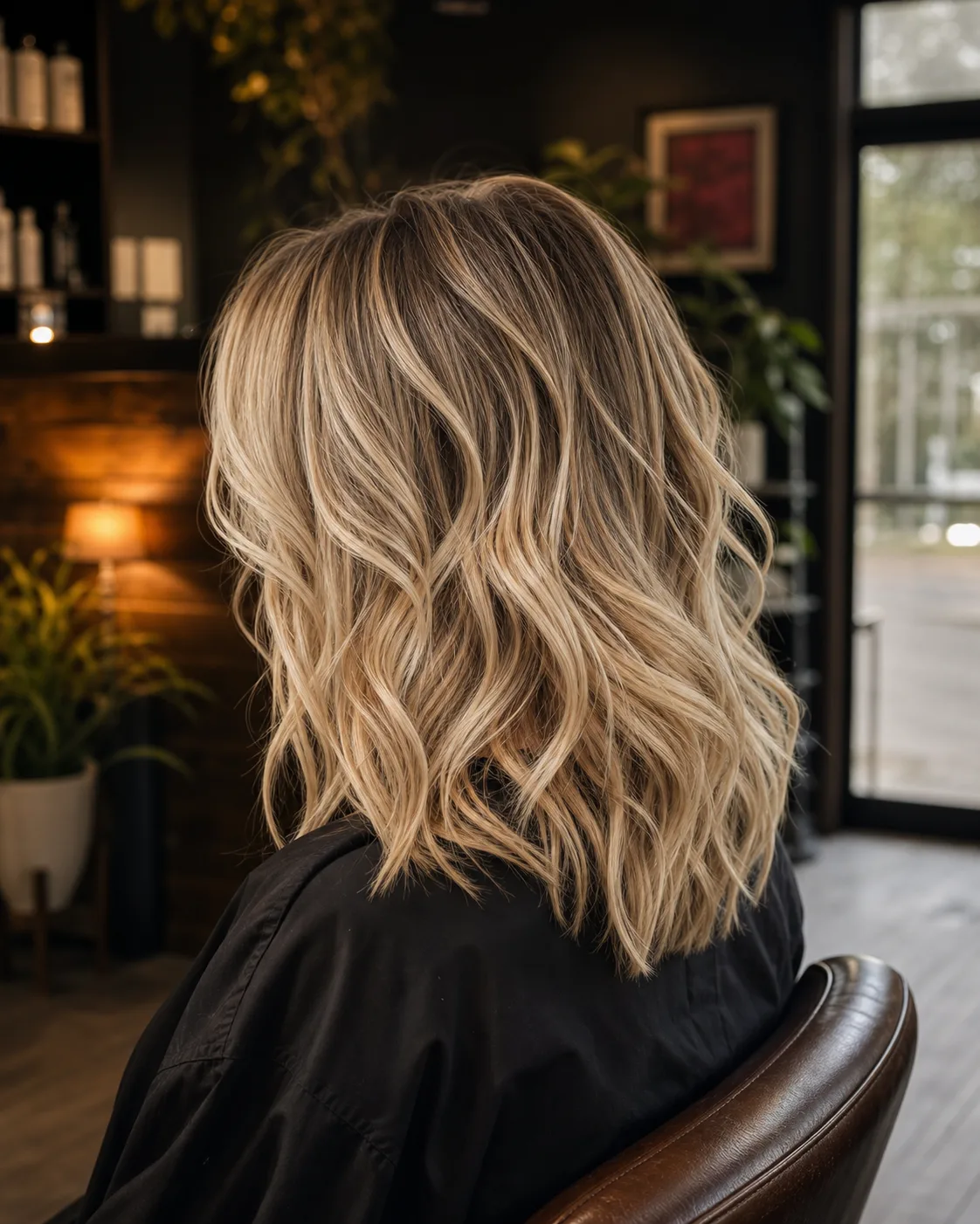 Creamy dimensional blonde balayage in soft waves